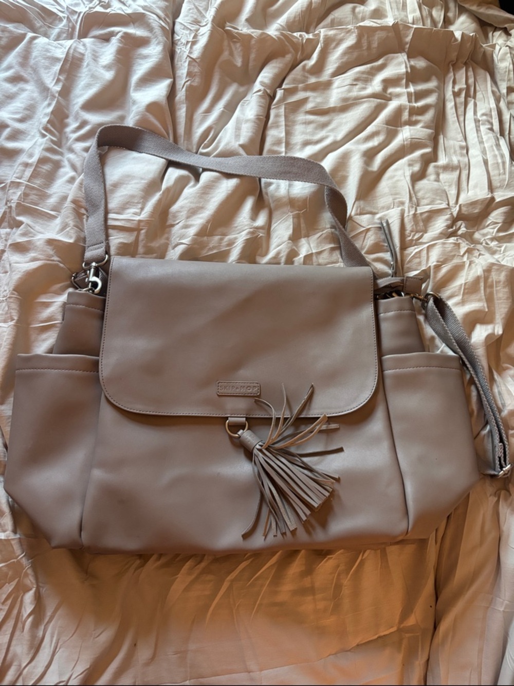 Skip Hop Taupe Convertible Shoulder Bag with Tassel